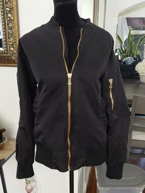 Black Bomber Jacket with Gold Zipper